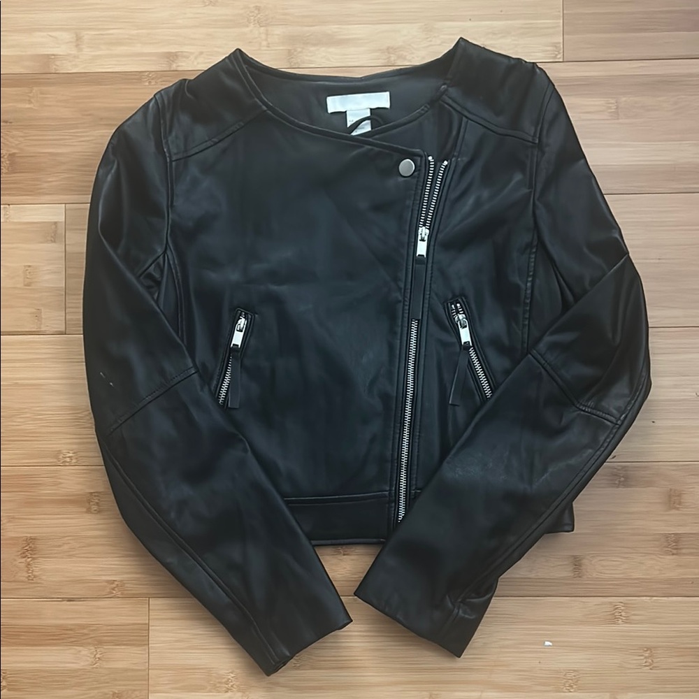 H&M Black Leather Moto Jacket Asymmetrical Design